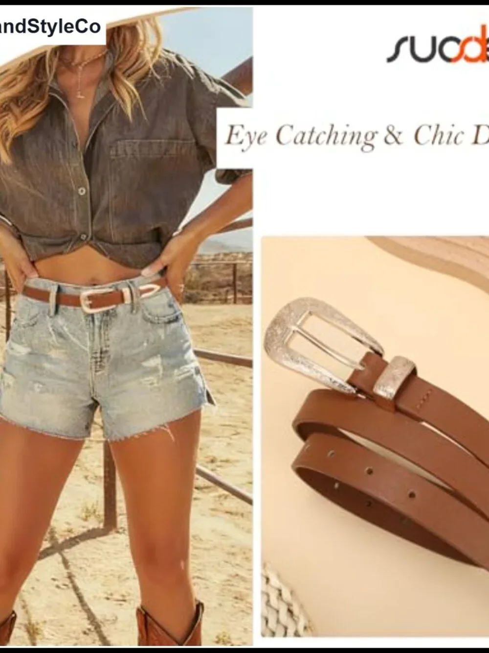 SUOSDEY Western Skinny Belt Women Cowgirl Carved Buckle Vegan Leather